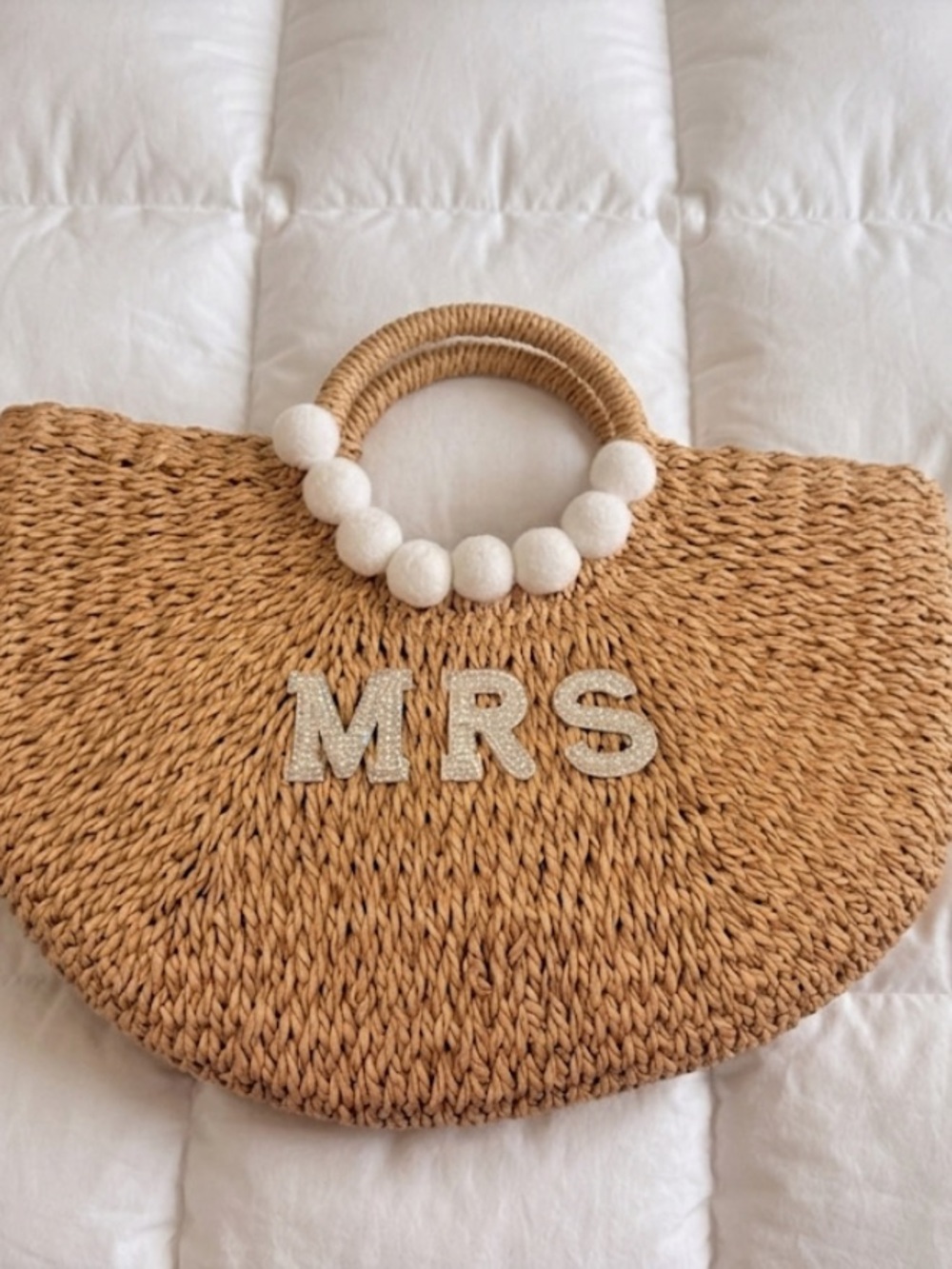 Straw Woven Beaded 'MRS' Tote Bag